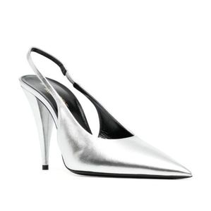 Saint Laurent Silver Metallic Finish Slingback Pumps 100mm